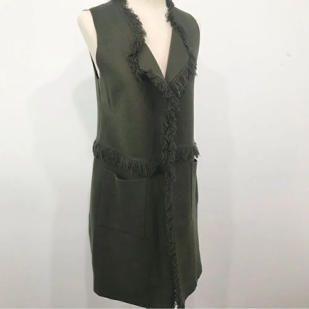 Sisters Olive Green Felted Knit Fringed Open Front Tunic Cardigan Vest